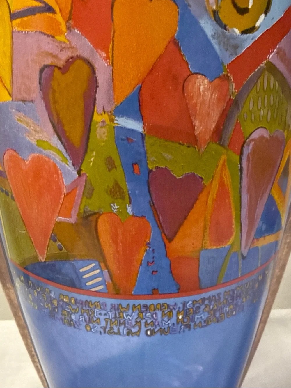Goebel Blue Glass Vase with Multicolor Heart Motif signed MARA! 30cm tall